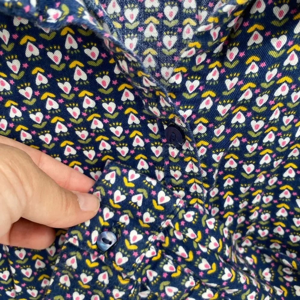 Carters Girls Heart Print Button Front Long Sleeve Shirt Blue Size 6-6X